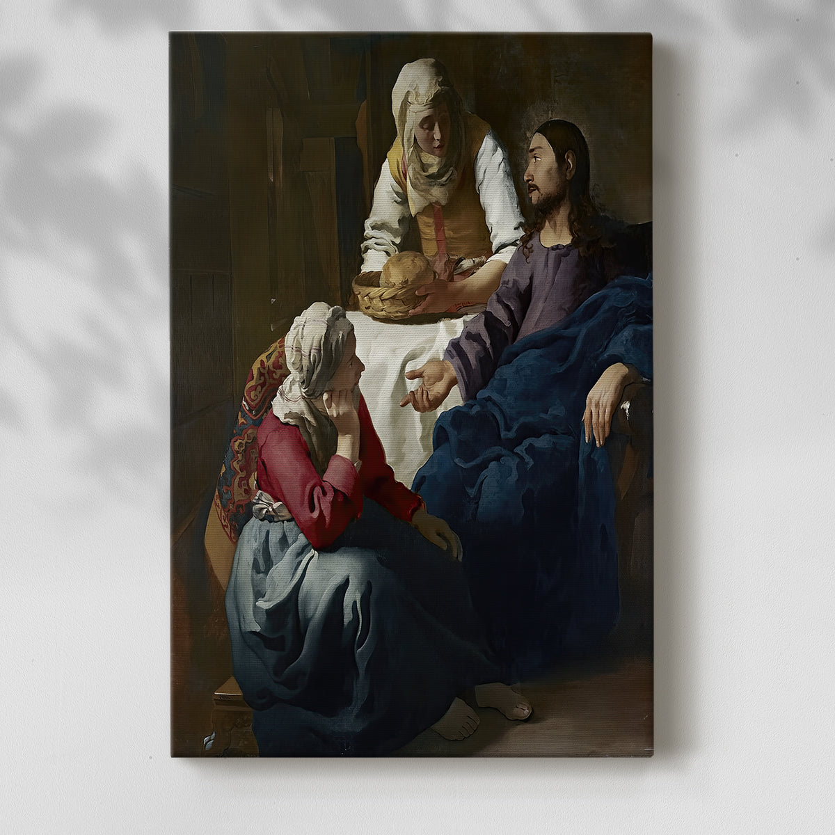 Canvas art print of a religious composition with calm figures and gentle tones with a soft shadow on a white background.