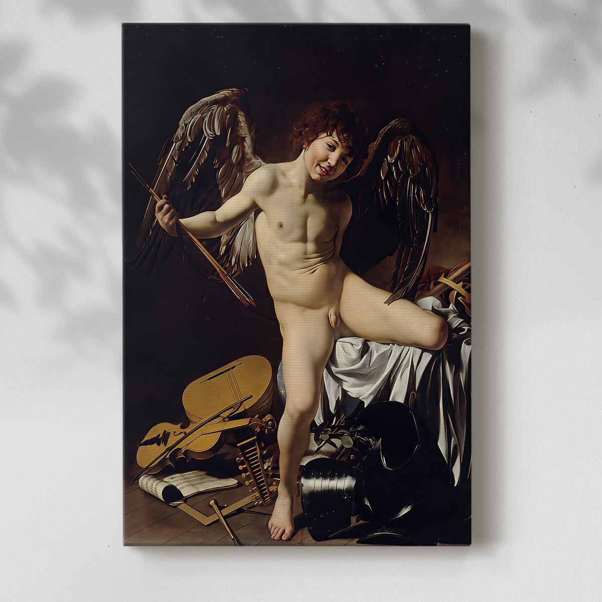 Canvas art print of a youthful figure surrounded by objects with strong contrast with a soft shadow on a white background.