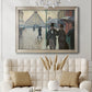 Impressionist urban street scene in the rain by Gustave Caillebotte in an ornate champagne frame displayed in a neutral-toned interior setting.