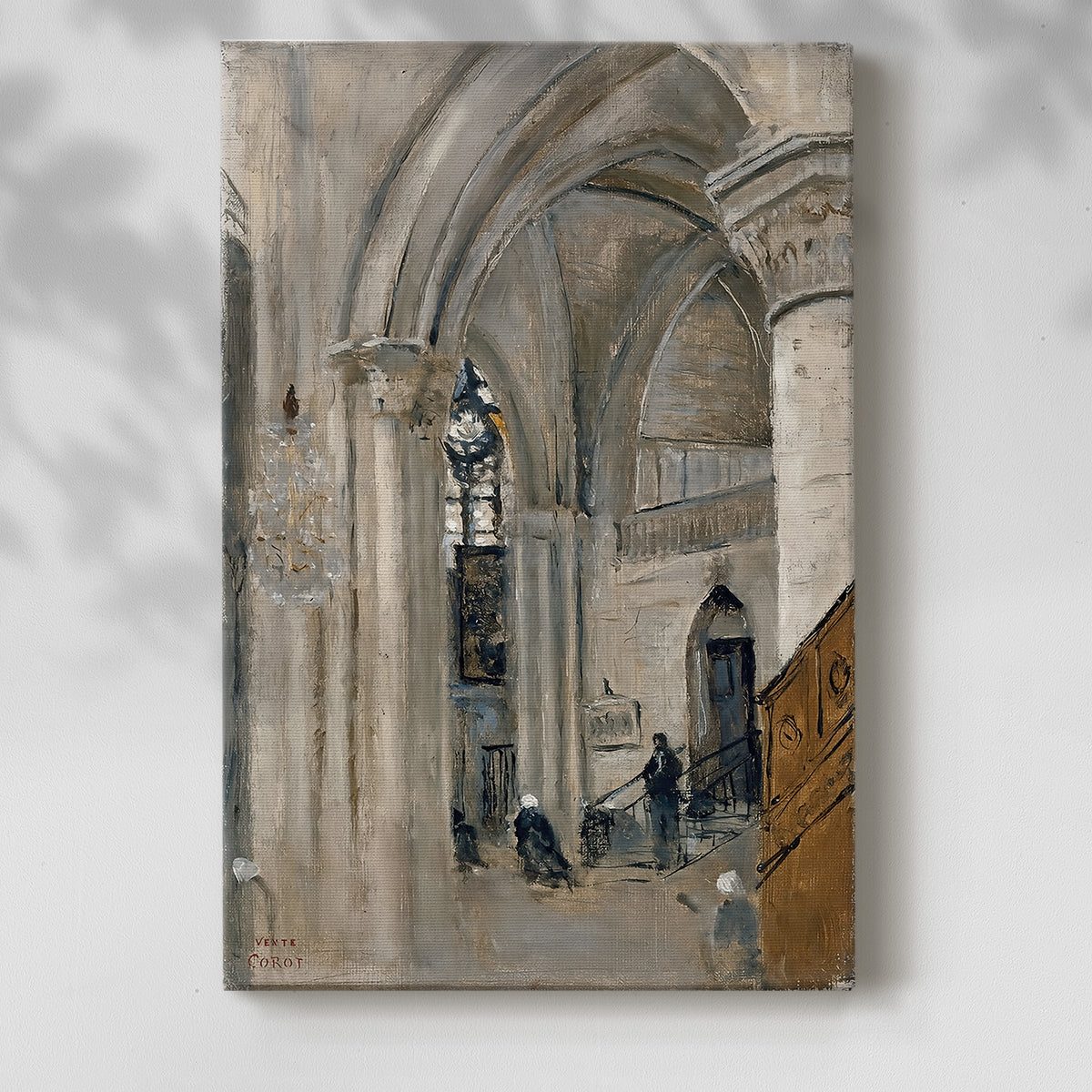 Canvas art print of a Gothic church interior with columns and gentle shadow with a soft shadow on a white background.