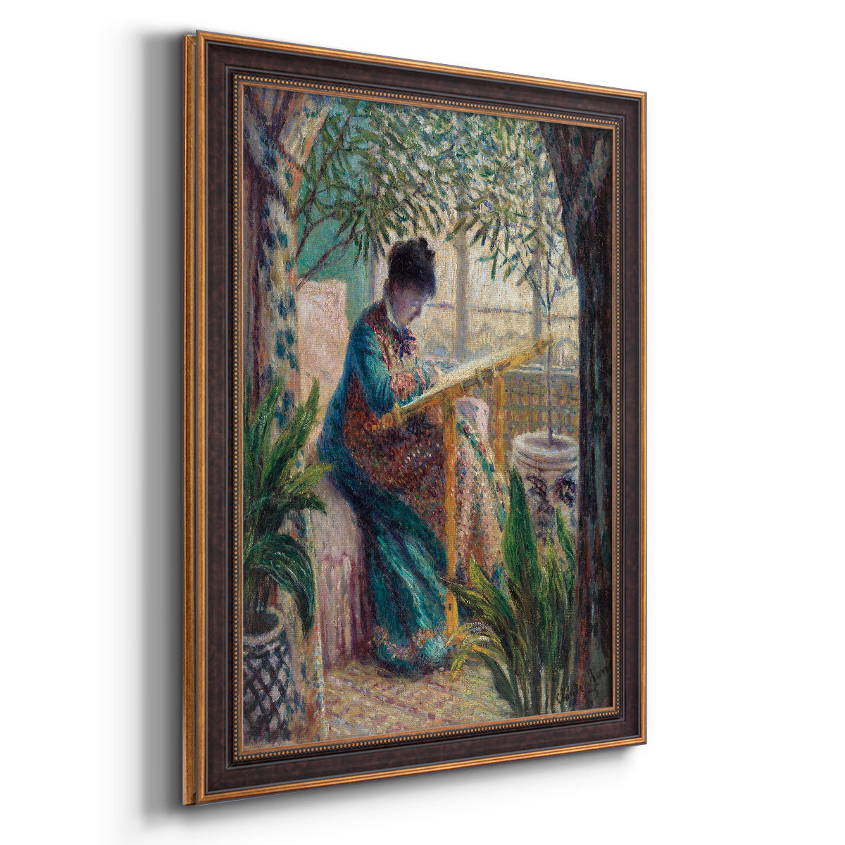 Impressionist portrait of Madame Monet sewing by Claude Monet printed on canvas in an ornate bronzed mahogany wood frame with a vertical orientation.