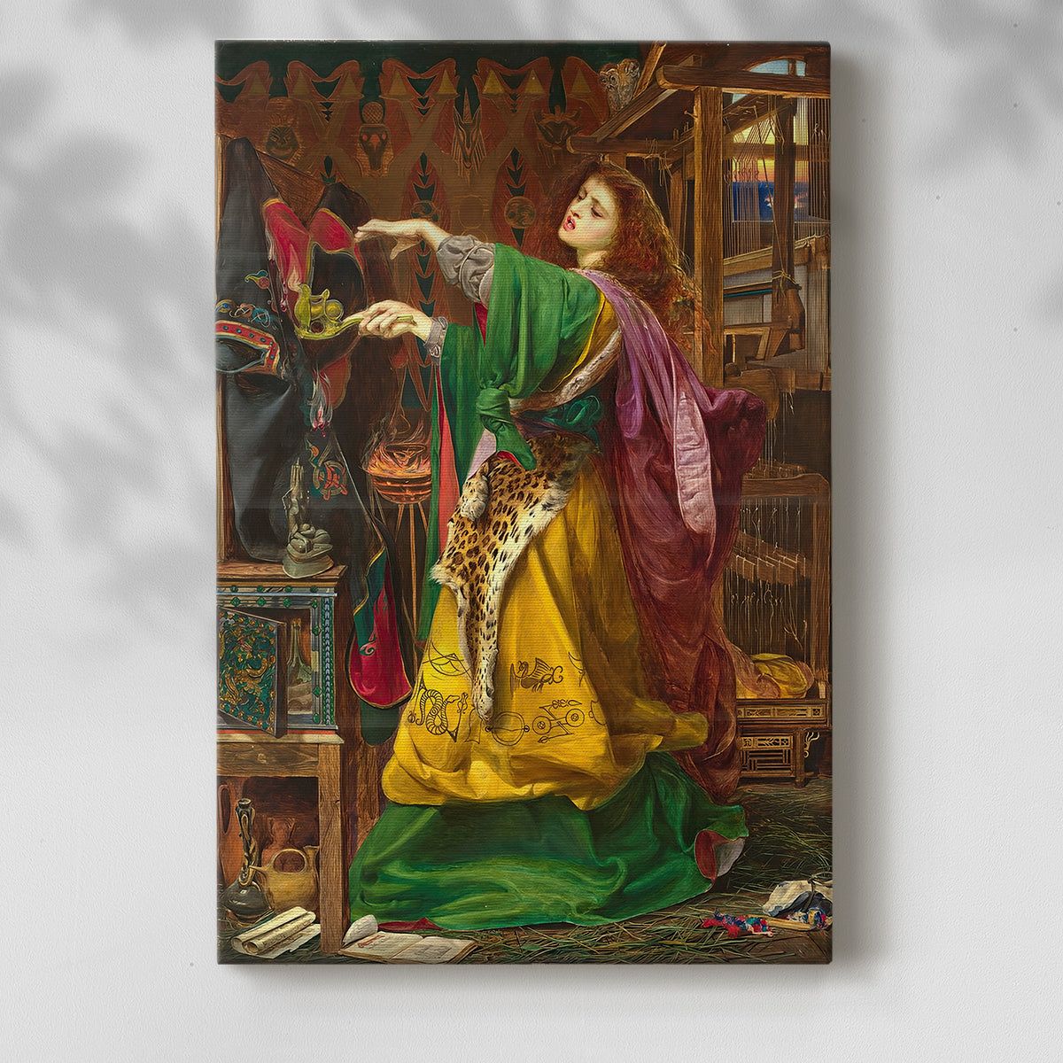 Canvas art print of a dramatic figure with flowing garments and symbolic tone with a soft shadow on a white background.