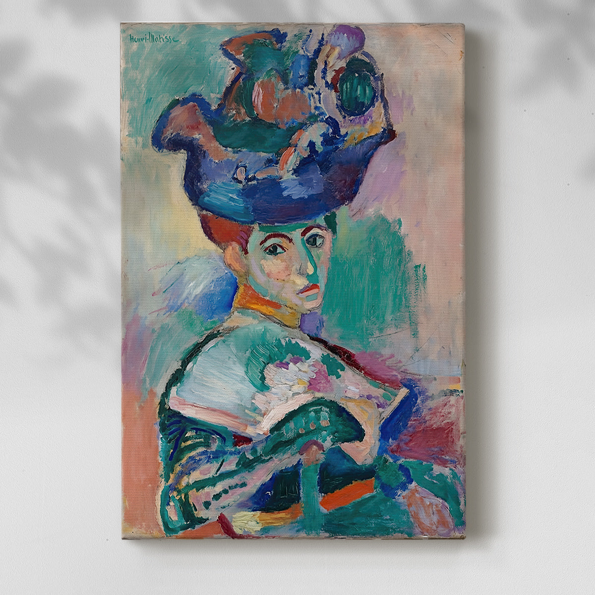 Canvas art print of a stylized face with vibrant tones and loose brushwork with a soft shadow on a white background.