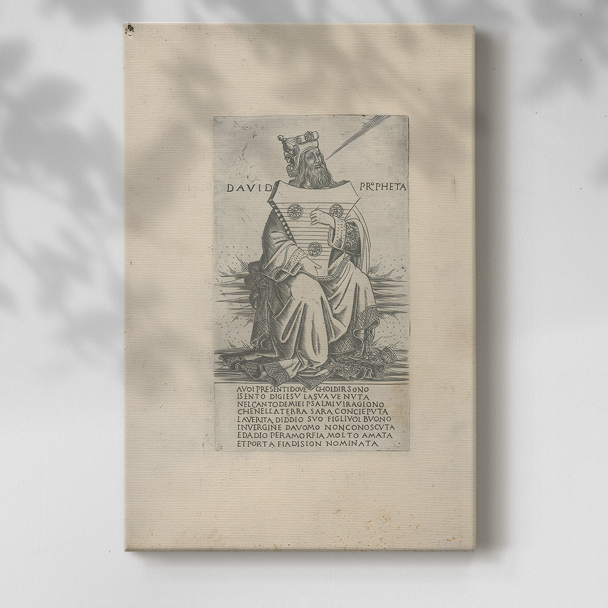 Canvas art print of a classical illustration with etched texture and strong outline with a soft shadow on a white background.