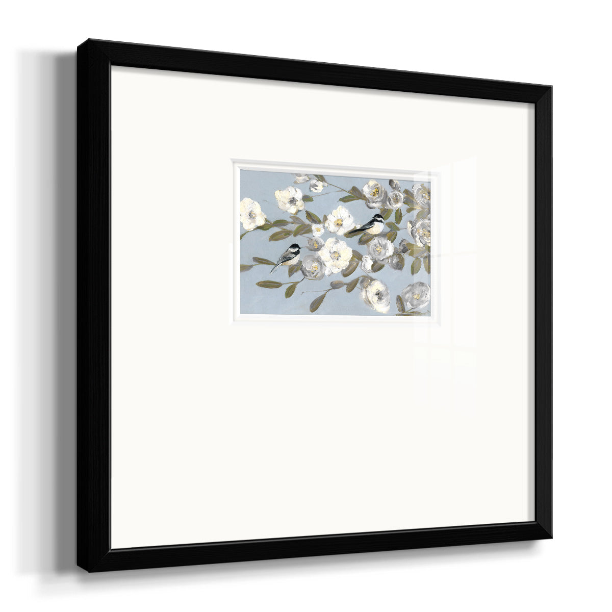 Chickadees and Blossoms I Premium Framed Print Double Matboard