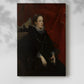 Canvas art print of a formal portrait of a woman with detailed gown and poised stance with a soft shadow on a white background.