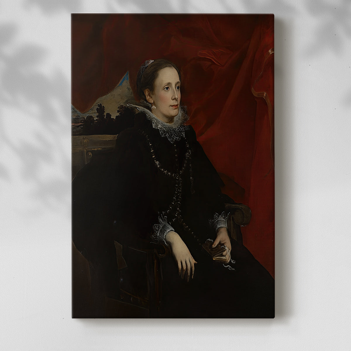 Canvas art print of a formal portrait of a woman with detailed gown and poised stance with a soft shadow on a white background.