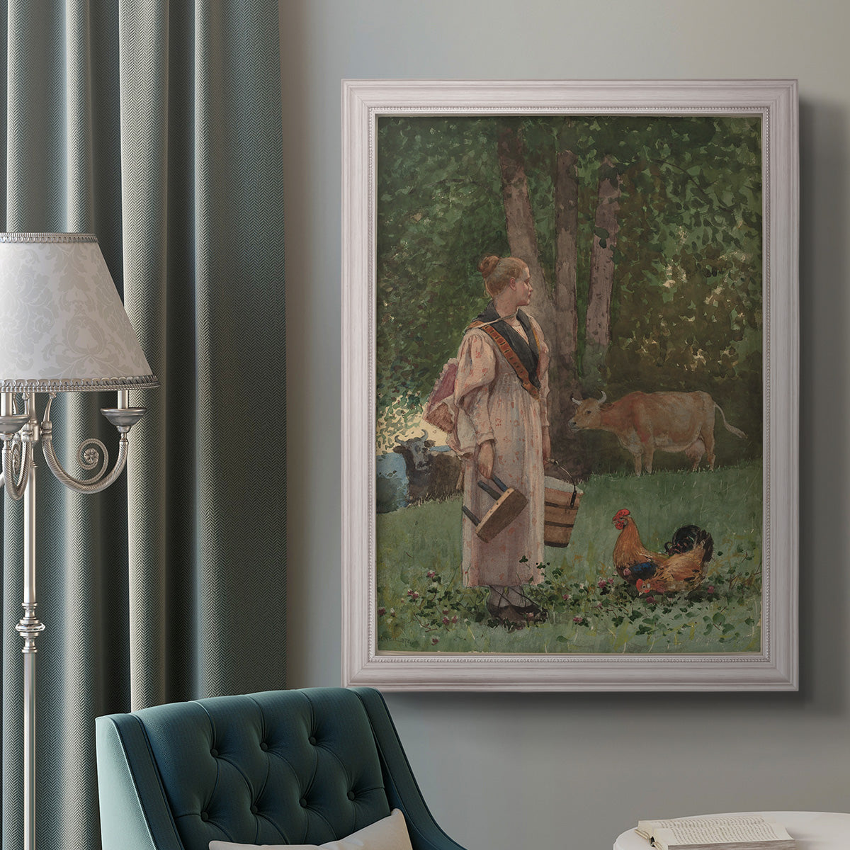 Realist genre scene of a milkmaid by Winslow Homer in an ornate weathered white frame displayed in a neutral interior setting.
