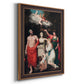 Classical allegorical painting honoring Linnaeus by Robert John Thornton printed on canvas in an ornate bronzed mahogany wood frame with a vertical orientation.