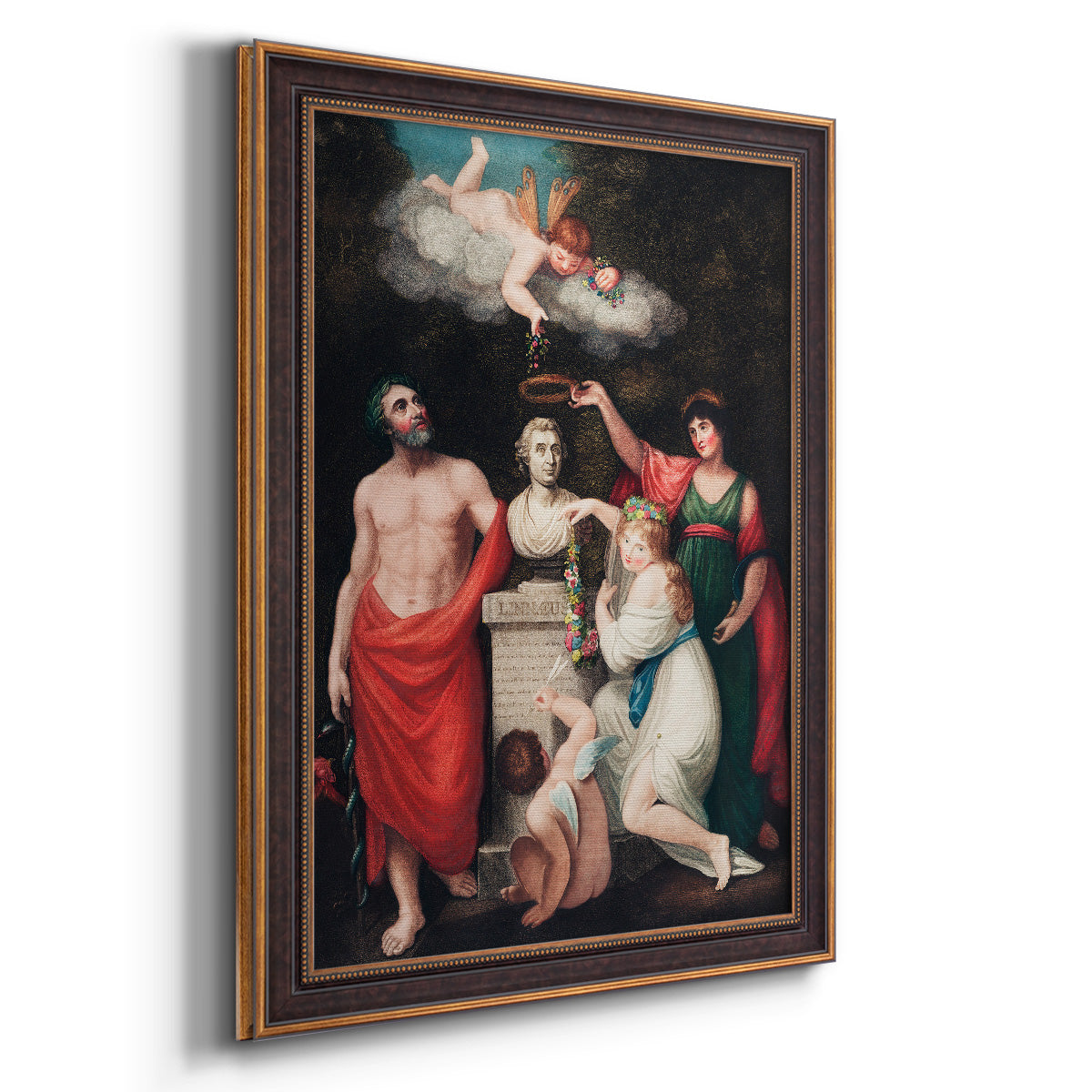 Classical allegorical painting honoring Linnaeus by Robert John Thornton printed on canvas in an ornate bronzed mahogany wood frame with a vertical orientation.