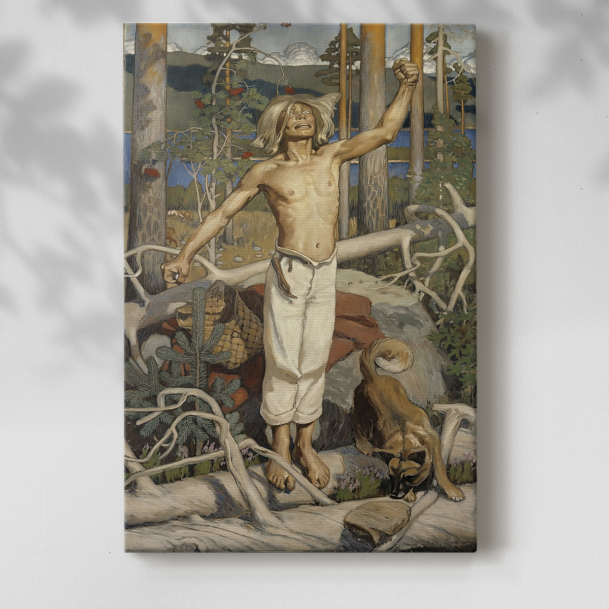 Canvas art print of a dramatic figure expressing despair in a dark natural setting with a soft shadow on a white background.