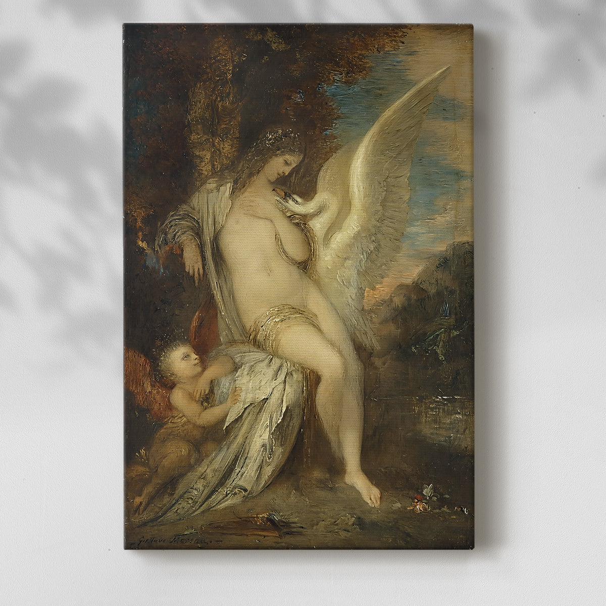 Canvas art print of a mythological composition with flowing forms and soft light with a soft shadow on a white background.
