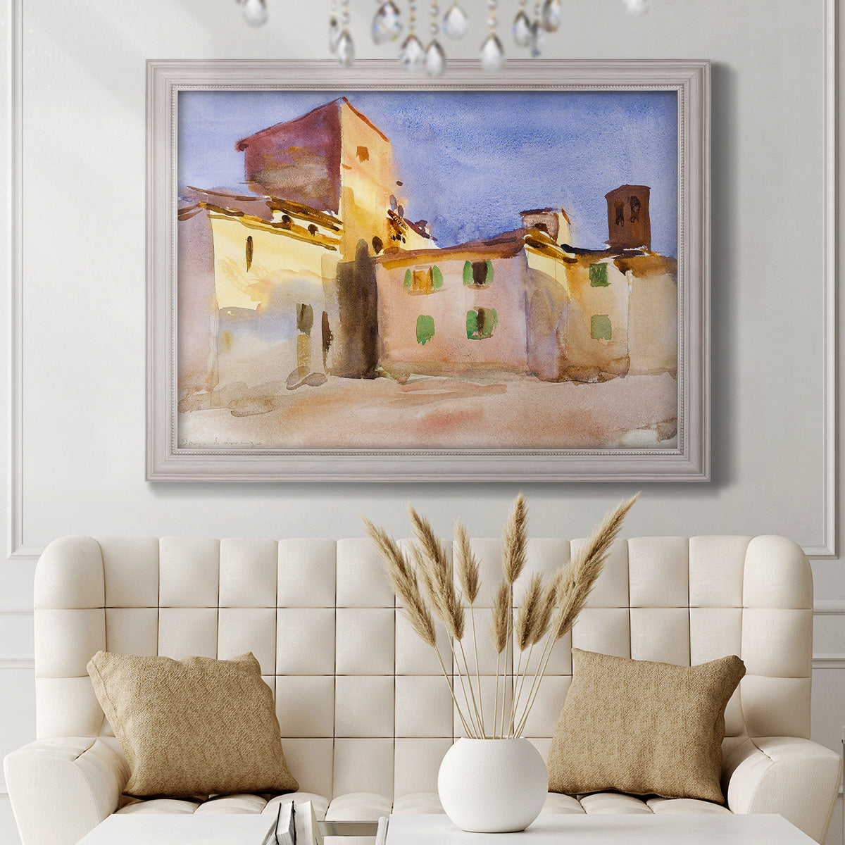 Impressionist Italian village scene by John Singer Sargent in an ornate weathered white frame displayed in a neutral-toned interior setting.