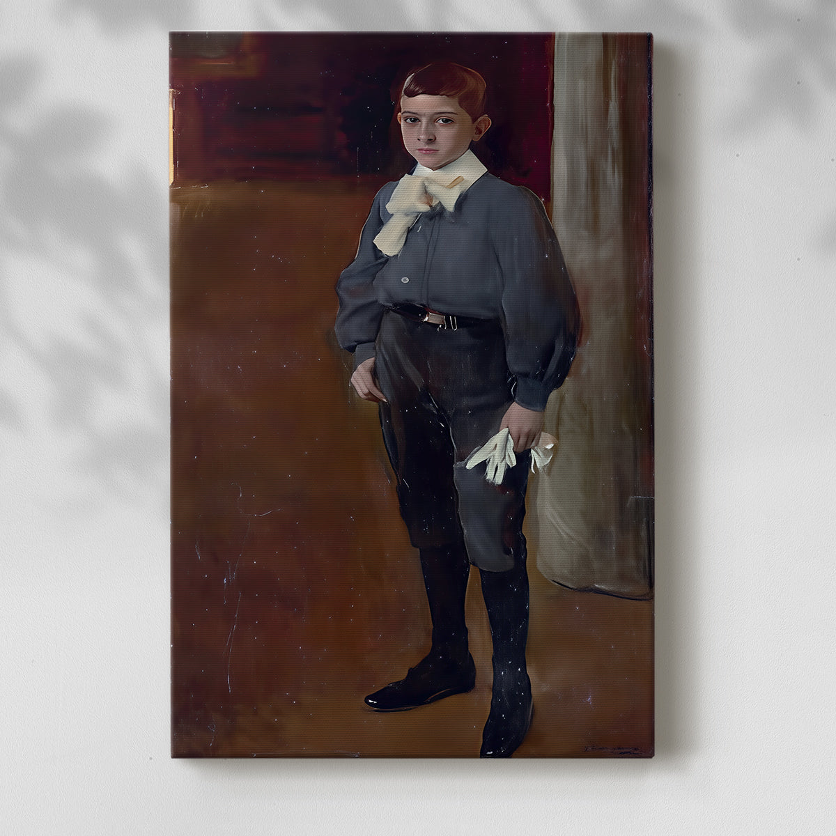 Canvas art print of a gentle child figure with simple background and calm expression with a soft shadow on a white background.