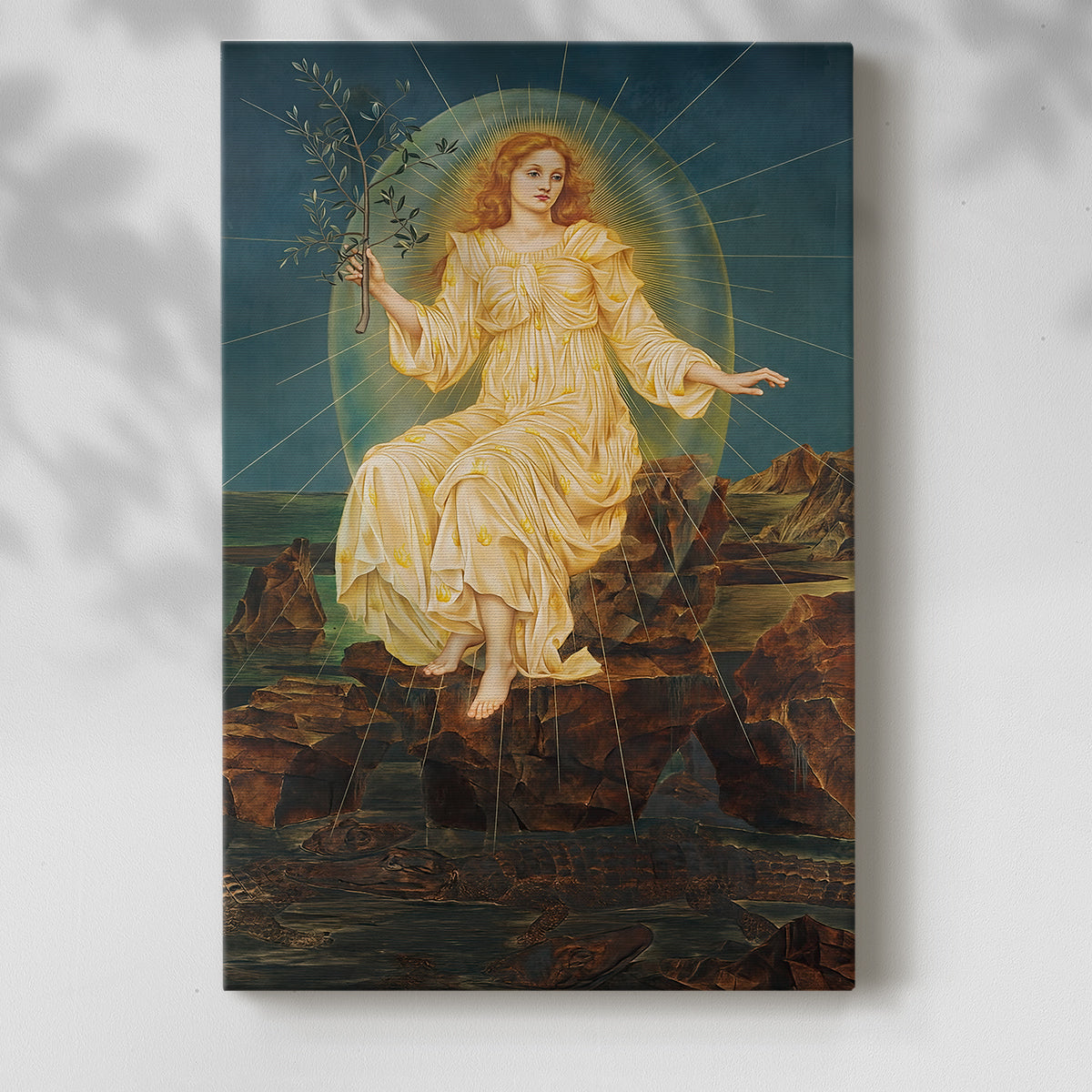 Canvas art print of a radiant figure surrounded by shadow and mystical atmosphere with a soft shadow on a white background.