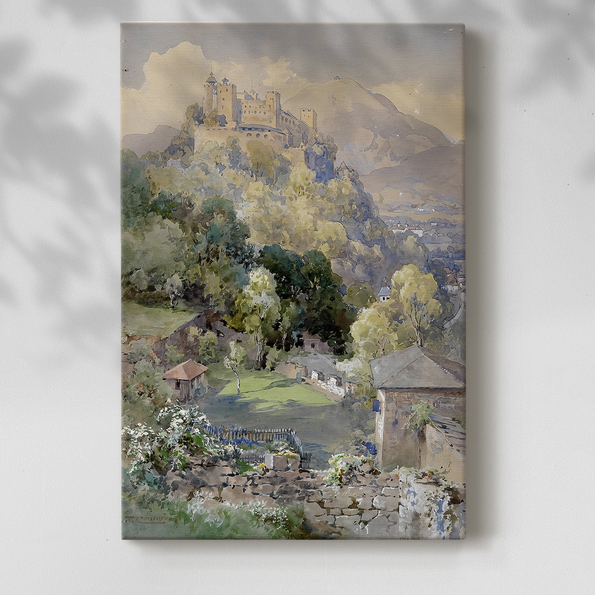 Canvas art print of a scenic view of a castle above a valley with detailed architecture with a soft shadow on a white background.