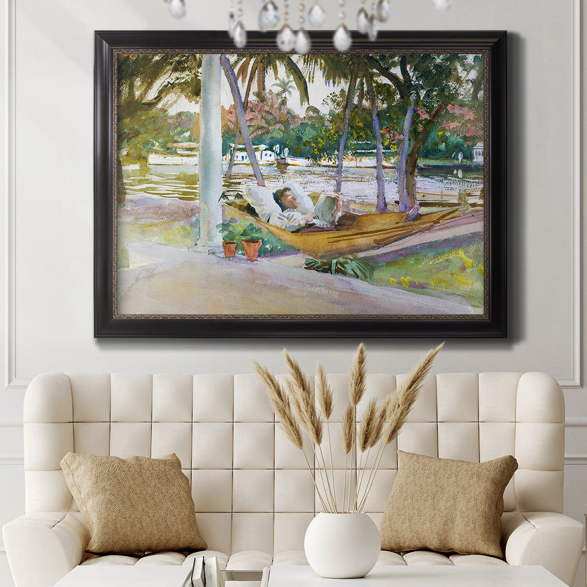 Impressionist leisure portrait scene by John Singer Sargent in an ornate black frame with gilded inner detail displayed in a neutral-toned interior setting.