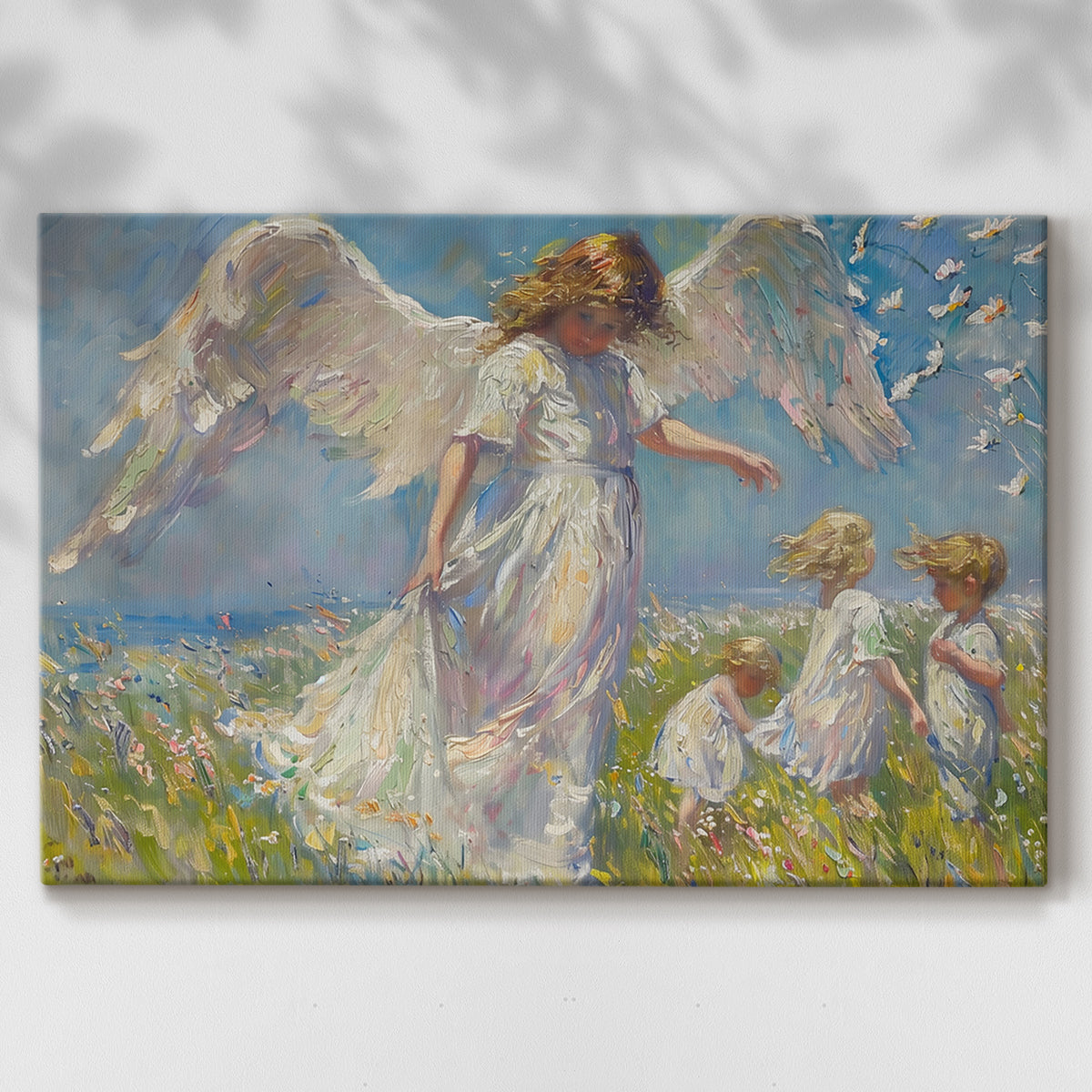 angel,children,meadow,wildflowers,wings,innocence,exploration,nature,sky,sunlight,serene,vibrant,interaction,joy,outdoors,pastoral,fantasy,gentle,beauty,scenery,playful,purity,guardianship,soft,figures,bright,blooming,connection,ethereal,dreamlike,harmony,background,landscape,tranquility,soft colors,inspiring,uplifting,whimsical,family,growth,wonder,freedom