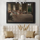 Early impressionist ballet rehearsal painting by Edgar Degas in an ornate black frame with gilded inner detail displayed in a neutral-toned interior setting.