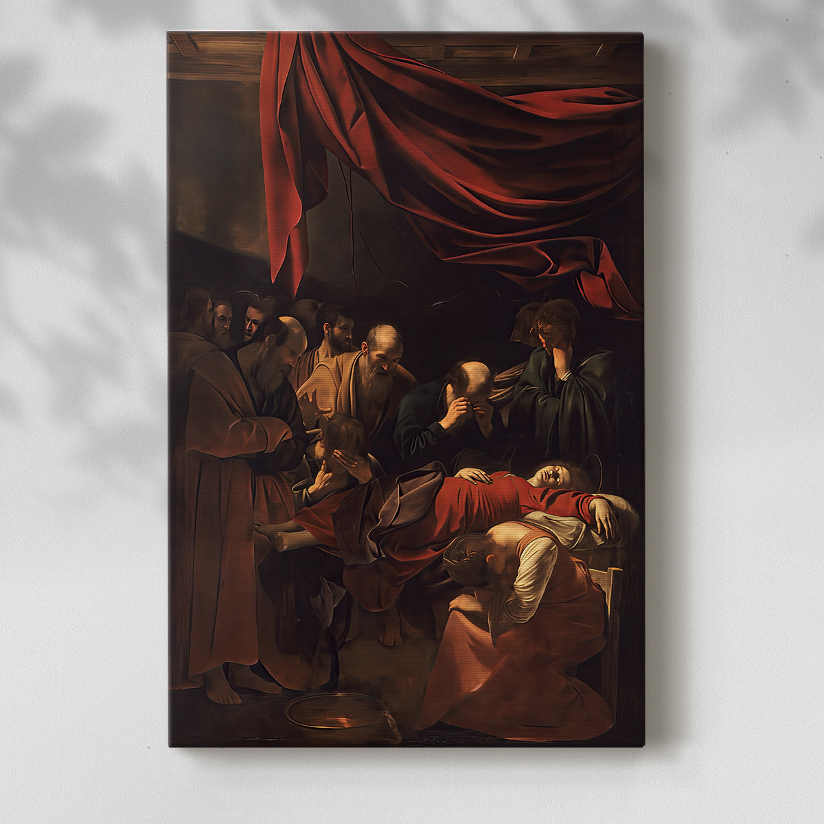 Canvas art print of a dramatic interior with figures gathered around a reclining form with a soft shadow on a white background.