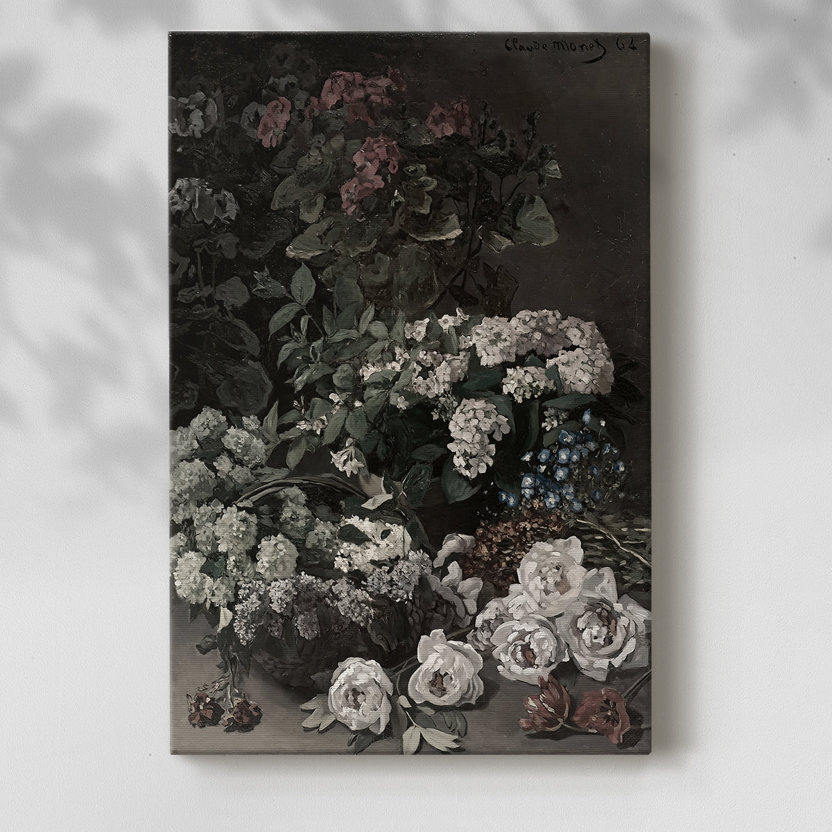 Canvas art print of a floral composition with soft color and airy brushwork with a soft shadow on a white background.