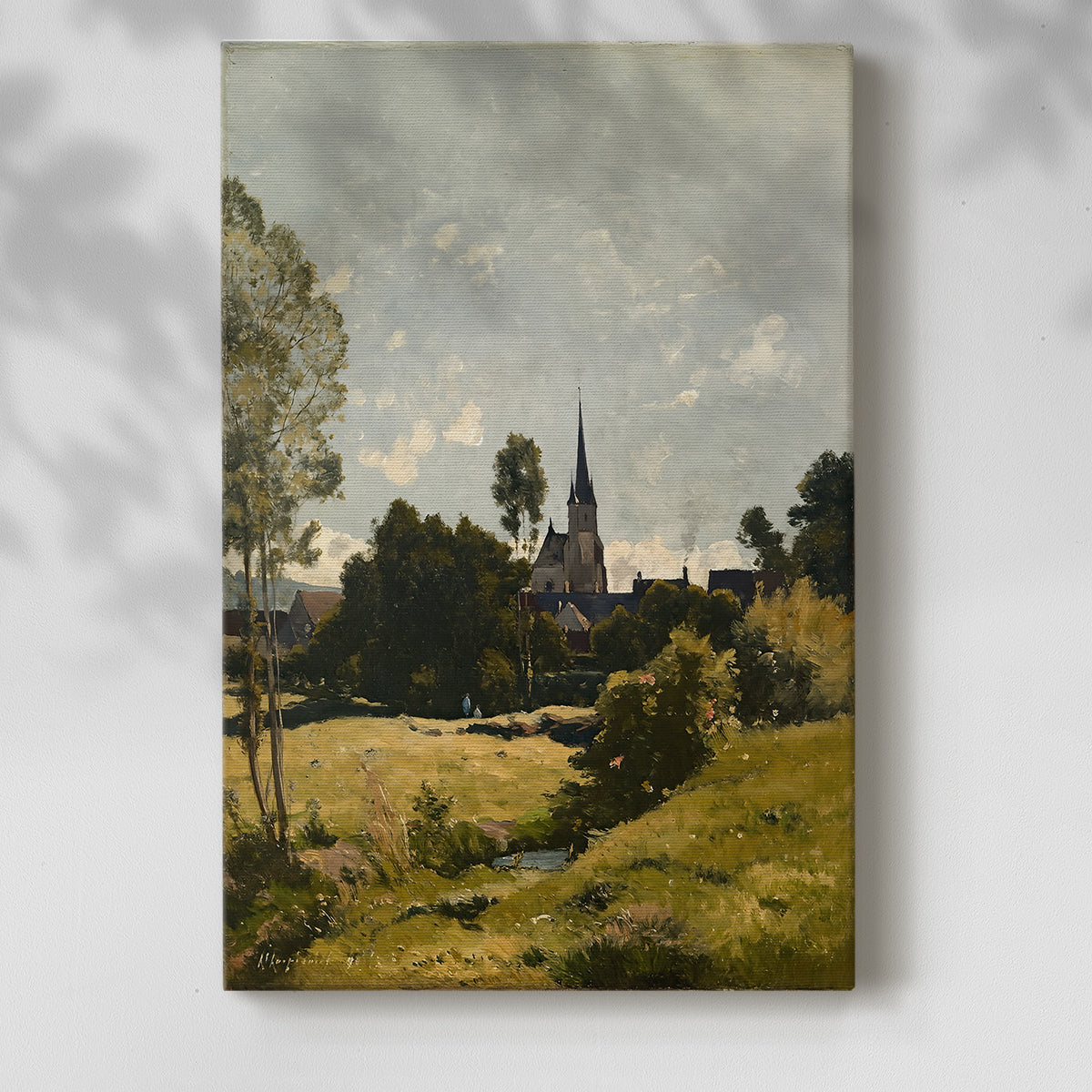Canvas art print of a pastoral scene with a small church and natural setting with a soft shadow on a white background.