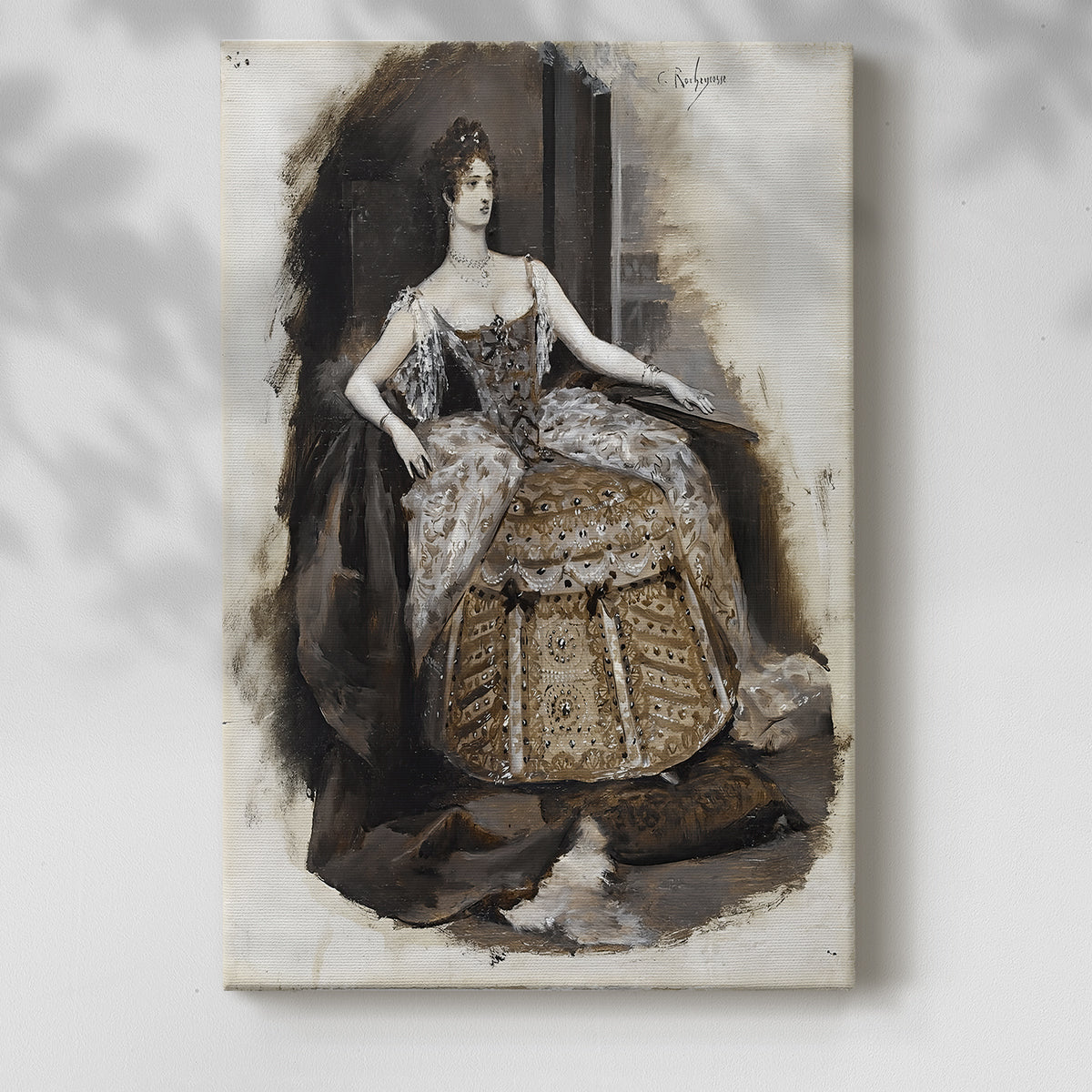 Canvas art print of a stylized female figure with soft tones and elegant posture with a soft shadow on a white background.