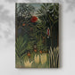 Canvas art print of a lush forest filled with animals and layered green foliage with a soft shadow on a white background.