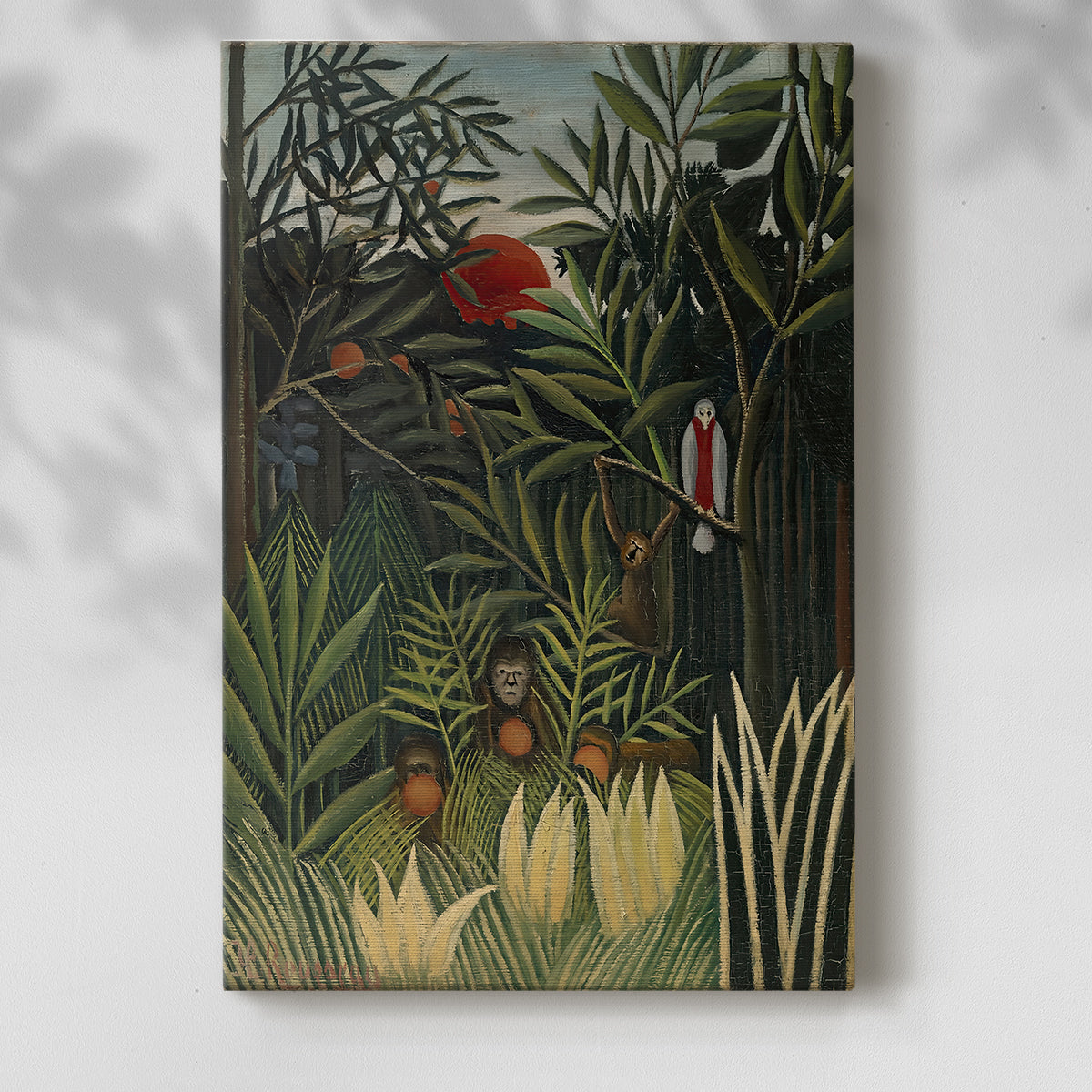 Canvas art print of a lush forest filled with animals and layered green foliage with a soft shadow on a white background.