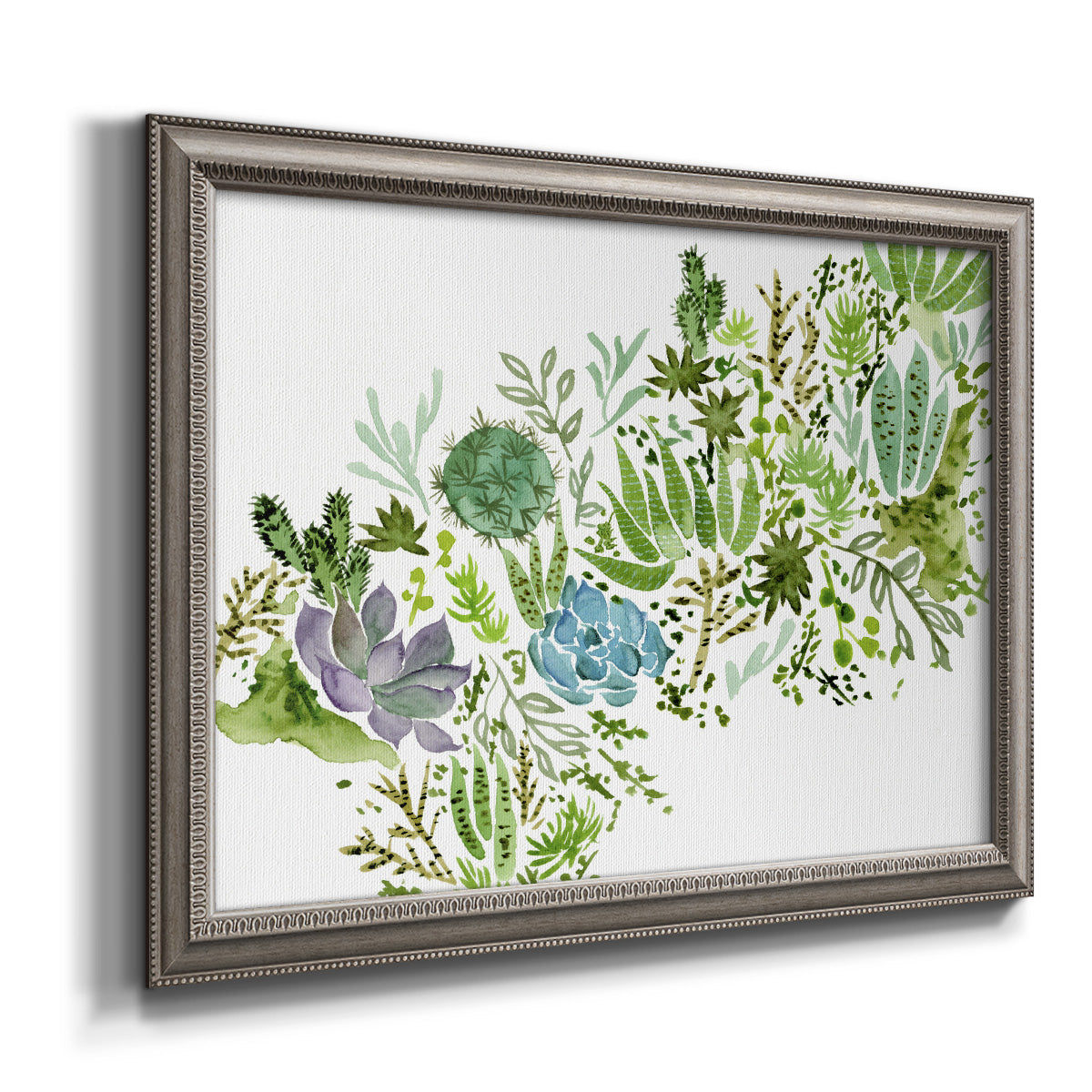 Minimalist abstract succulent botanical watercolor artwork printed on canvas in an ornate vintage silver frame.