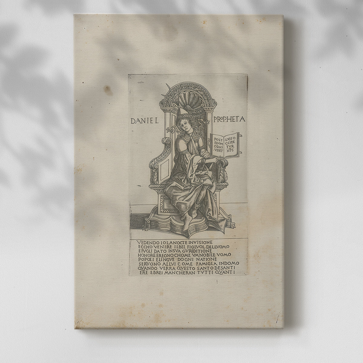 Canvas art print of a classical figure with etched detail and simple composition with a soft shadow on a white background.