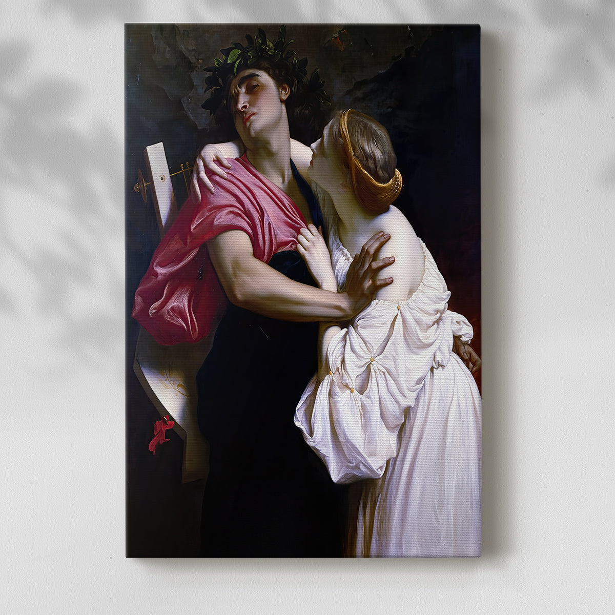 Canvas art print of a narrative composition with emotional gesture and flowing forms with a soft shadow on a white background.