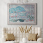 Impressionist coastal village landscape in Norway by Claude Monet in an ornate weathered white frame displayed in a neutral-toned interior setting.