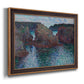 Impressionist rocky seascape by Claude Monet printed on canvas in an ornate bronzed mahogany wood frame.