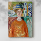 Canvas art print of a stylized face with vivid tones and simplified features with a soft shadow on a white background.