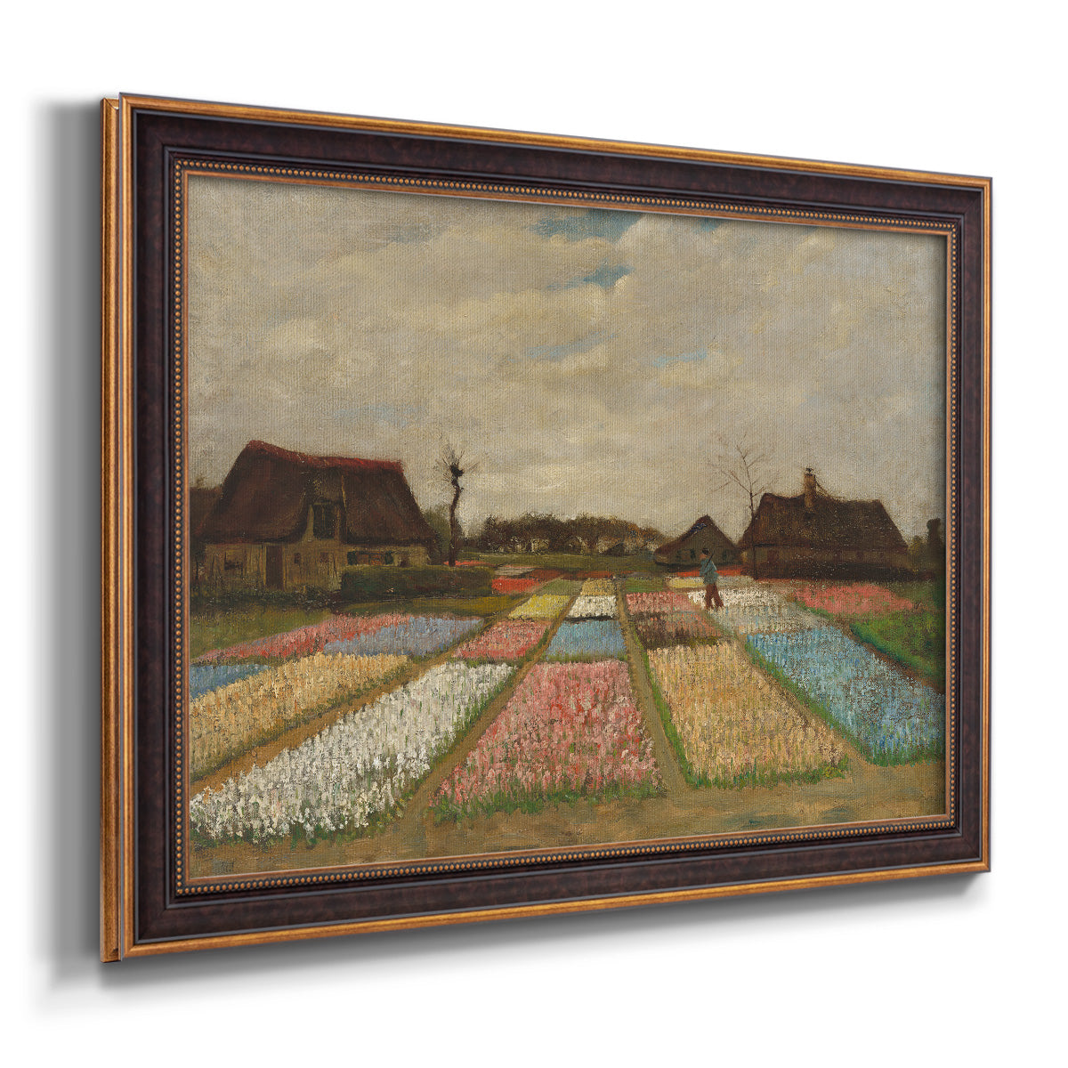 Impressionist Dutch bulb field landscape by Vincent van Gogh printed on canvas in an ornate bronzed mahogany wood frame.