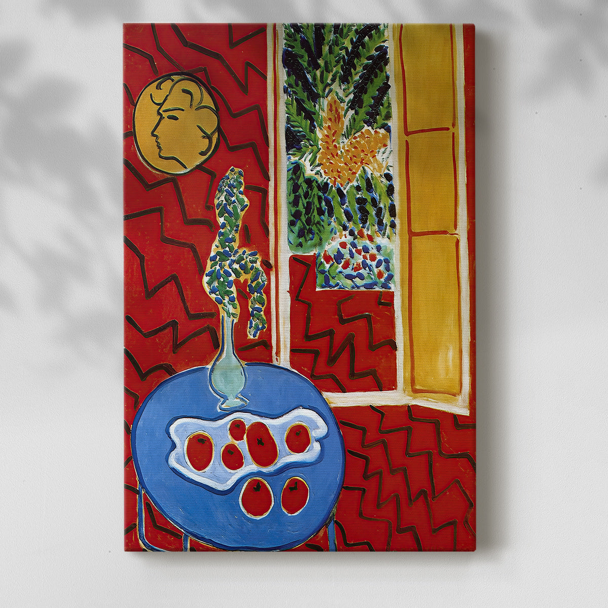 Canvas art print of a vivid composition with strong color contrast and decorative detail with a soft shadow on a white background.