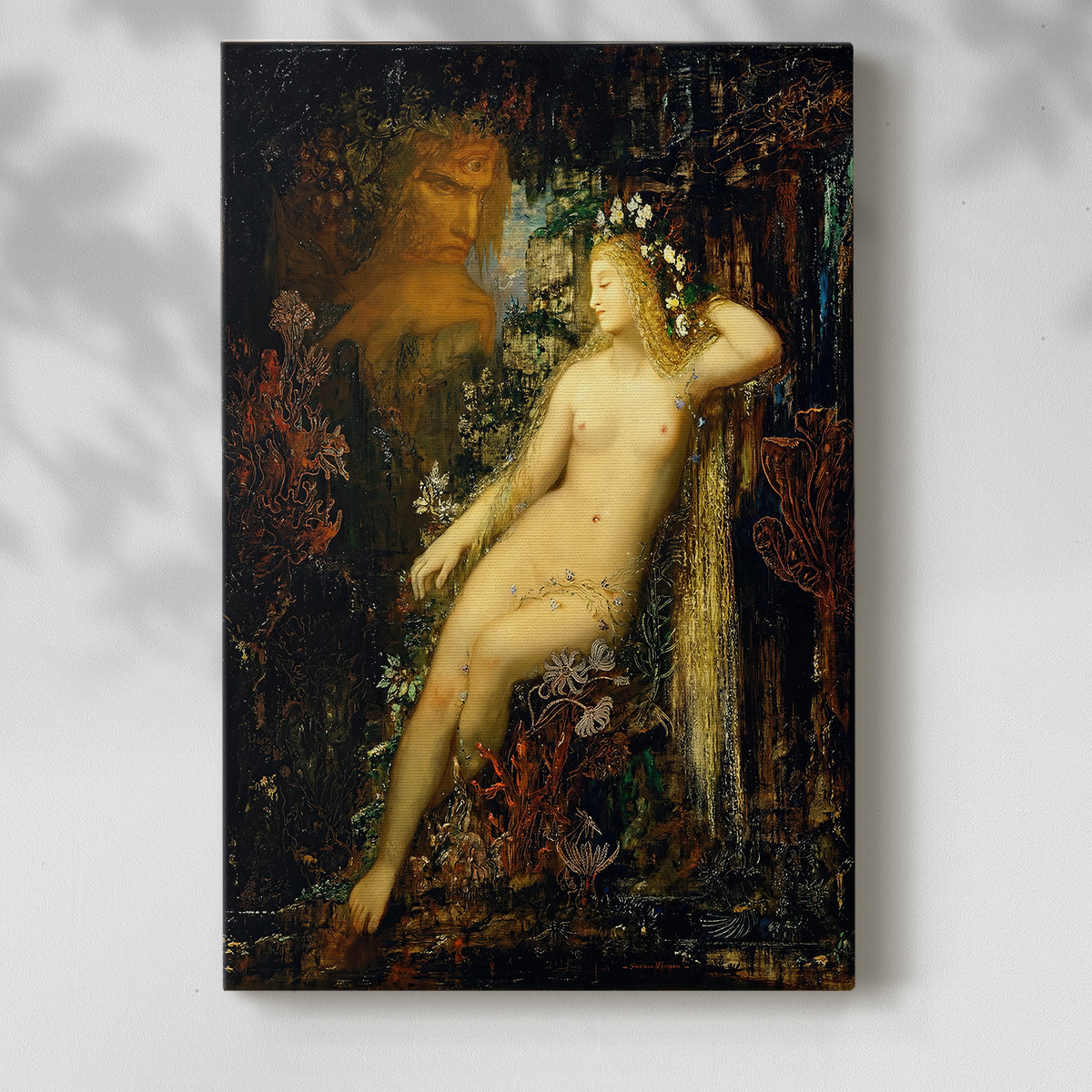 Canvas art print of a mythological figure in a soft coastal setting with rich color with a soft shadow on a white background.