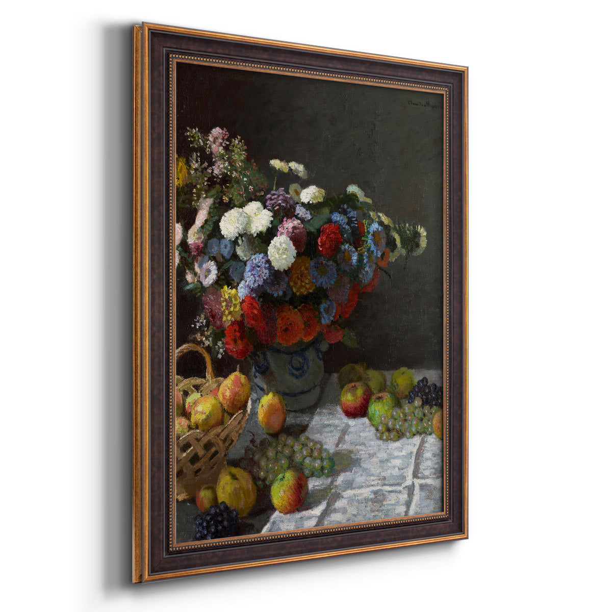 Impressionist floral still life painting by Claude Monet printed on canvas in an ornate bronzed mahogany wood frame with a vertical orientation.