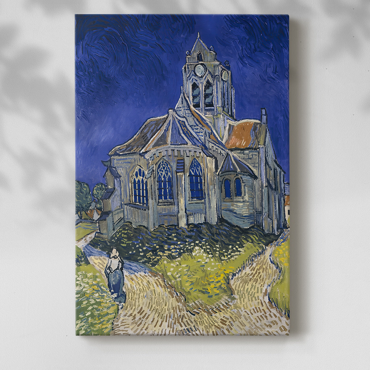 Canvas art print of a stylized building with dramatic sky and bold tones with a soft shadow on a white background.