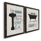 Angled view of a set of two black barnwood framed canvas prints featuring two graphic bathroom word art featuring playful bathtub silhouettes and bath-themed typography.