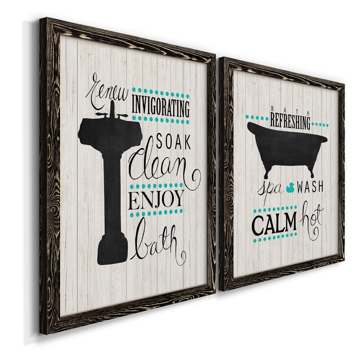 Angled view of a set of two black barnwood framed canvas prints featuring two graphic bathroom word art featuring playful bathtub silhouettes and bath-themed typography.