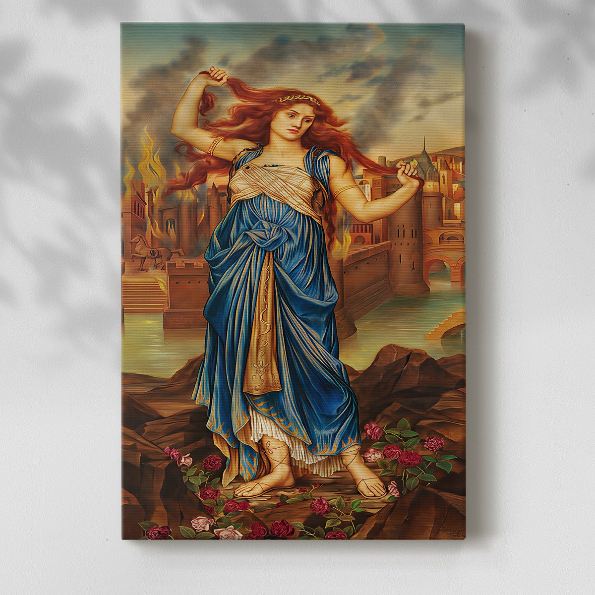 Canvas art print of a dramatic figure with flowing garments and emotional presence with a soft shadow on a white background.