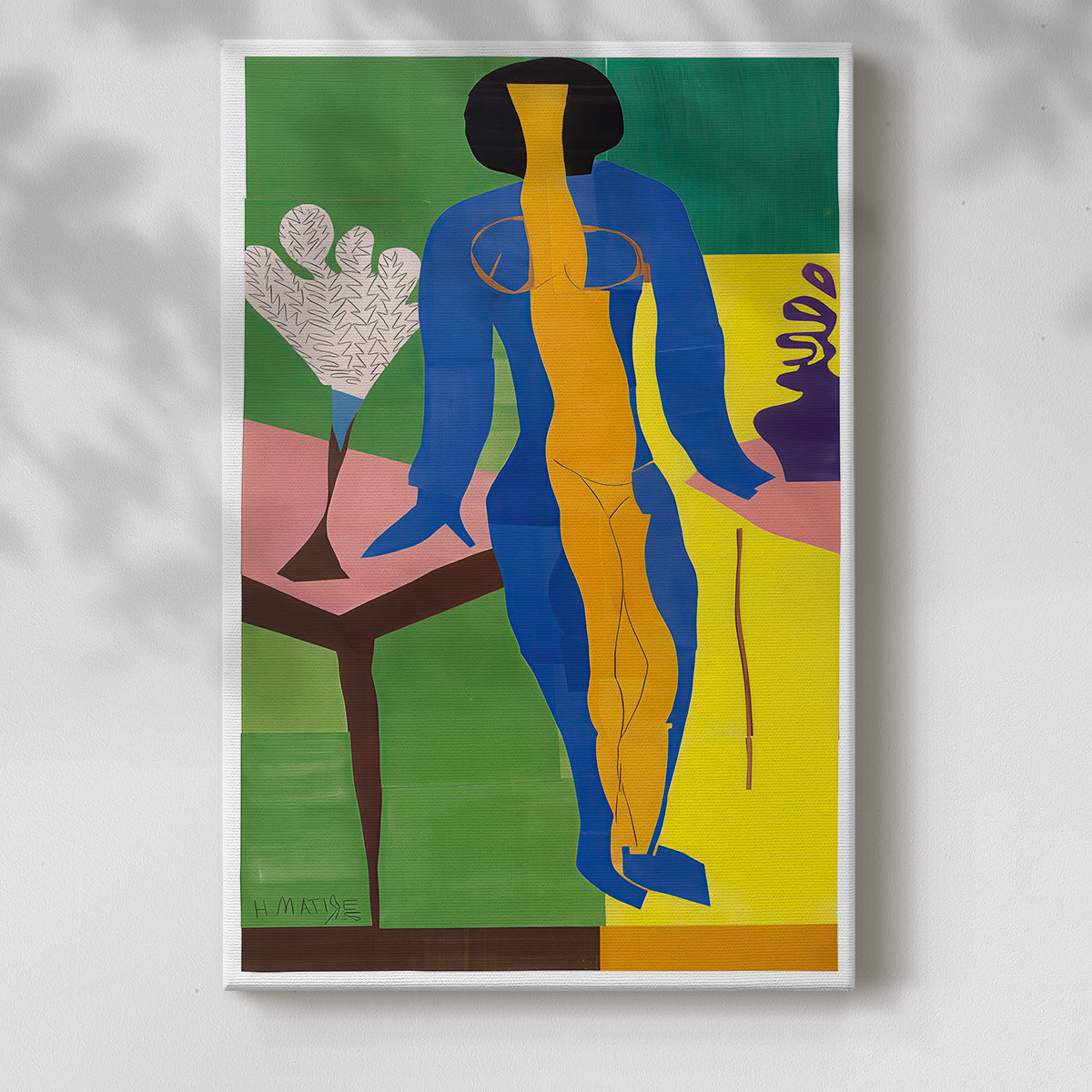 Canvas art print of a stylized composition with geometric forms and vivid tones with a soft shadow on a white background.