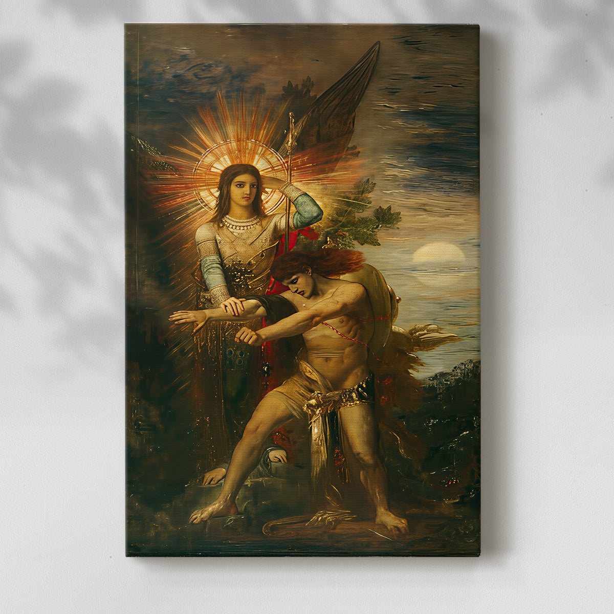 Canvas art print of a biblical moment with movement and strong contrast with a soft shadow on a white background.