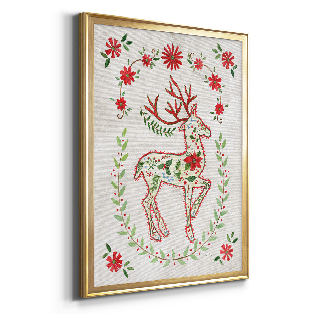 Christmas Folk Reindeer - Modern Framed Canvas Print