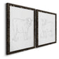 Angled view of a set of two black barnwood framed canvas prints featuring two minimalist livestock sketches featuring simple contour drawings of standing cows.