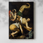 Canvas art print of a tense composition with figures lifting a cross in shadow with a soft shadow on a white background.