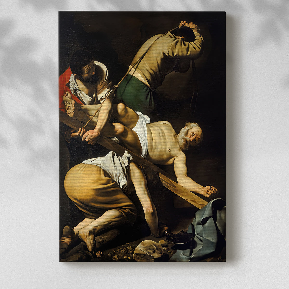 Canvas art print of a tense composition with figures lifting a cross in shadow with a soft shadow on a white background.