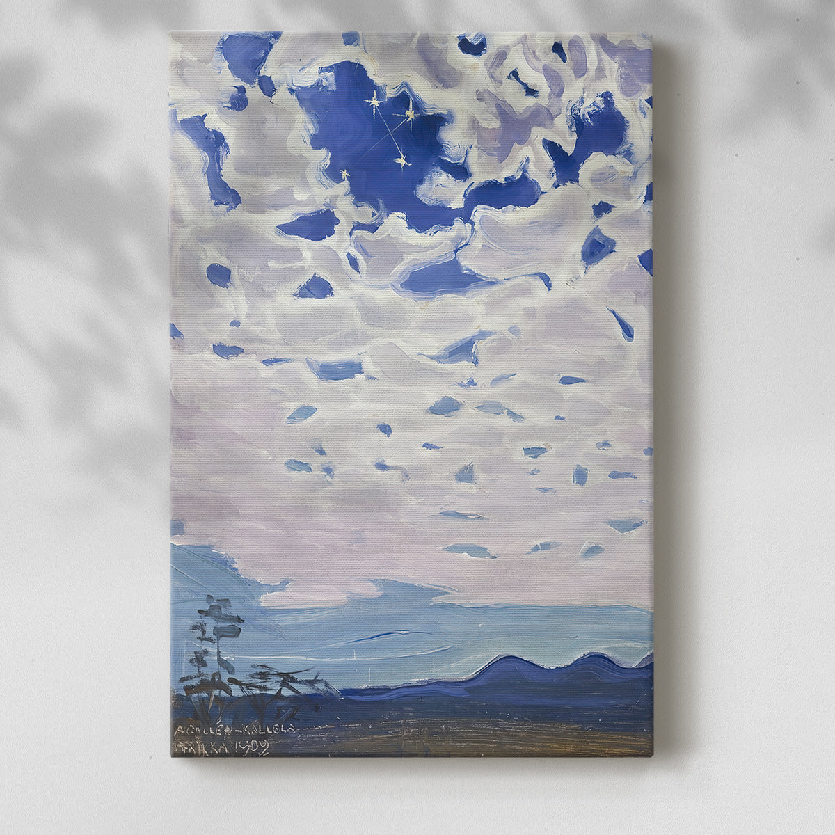 Canvas art print of a star-filled sky above a calm landscape with glowing constellations with a soft shadow on a white background.